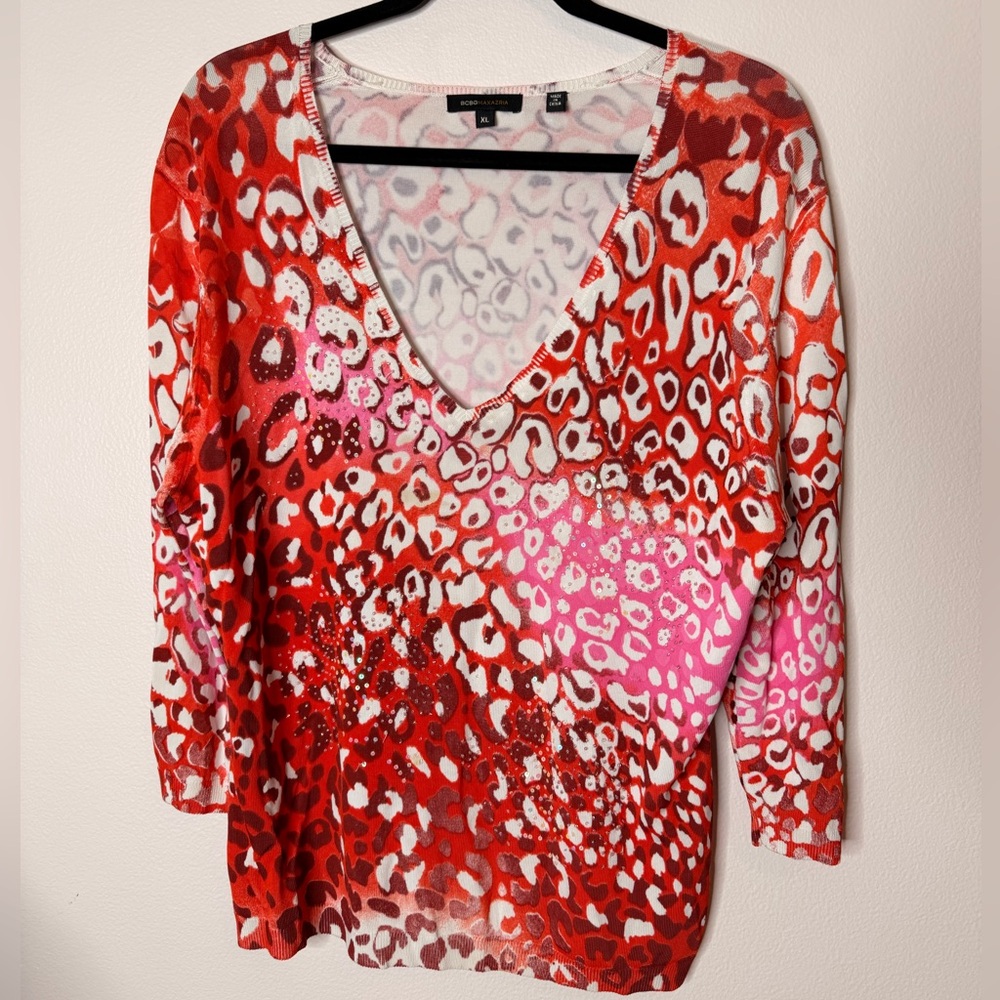 BCBGMaxAzria Red and Pink Leopard Print Long Sleeve Top